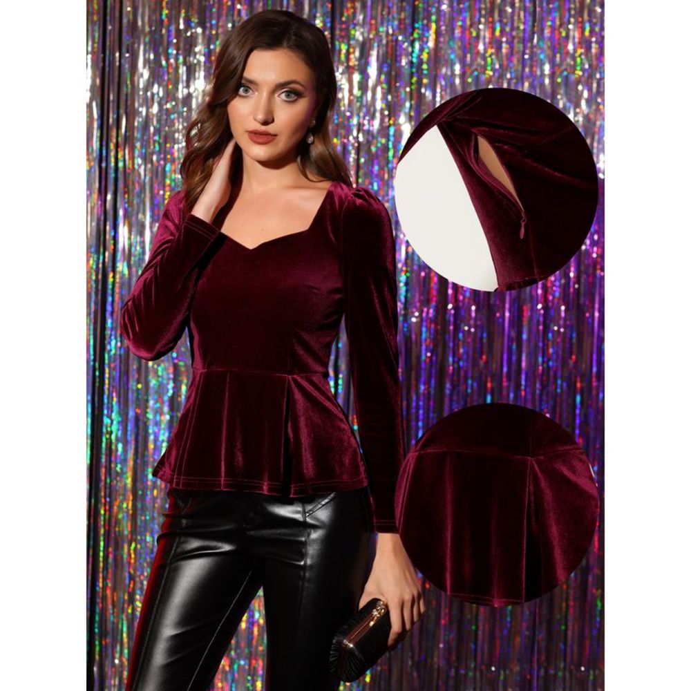 New Velvet Blouse Sweetheart Neck Long Sleeve Peplum Top Burgundy - Picture 2 of 7